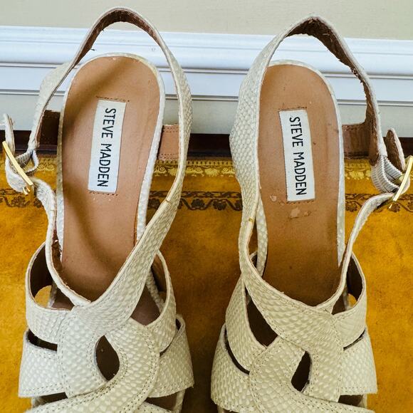 Steve Madden Hitower Leather Platform Bone Tan Wooden Heeled Sandals Size 9.5 - Picture 2 of 11